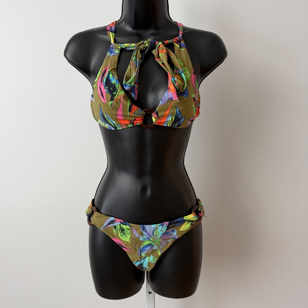 Nanette Lepore sz S Tropical Floral Bikini Set Olive Green Beach Resortwear Boho